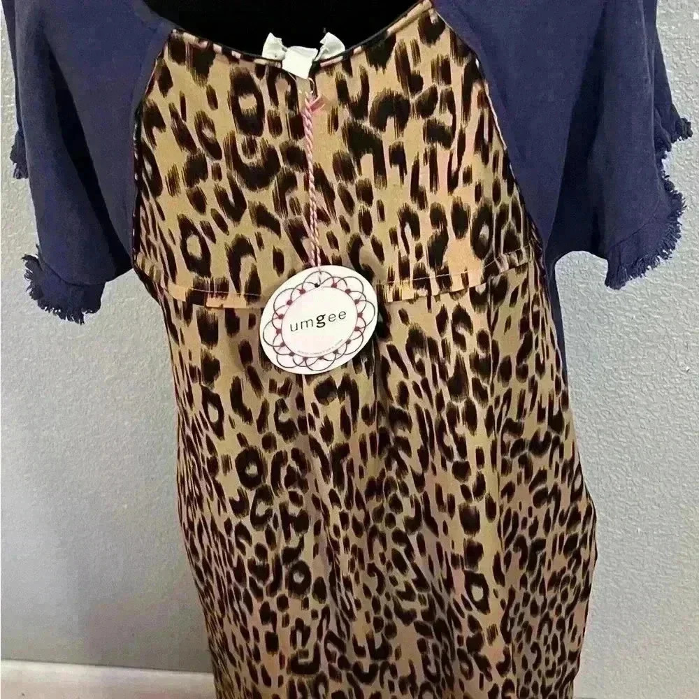 UMGEE USA Women’s S Shift Dress Blue High Low Leopard Raw Hem Short Sleeves NWT